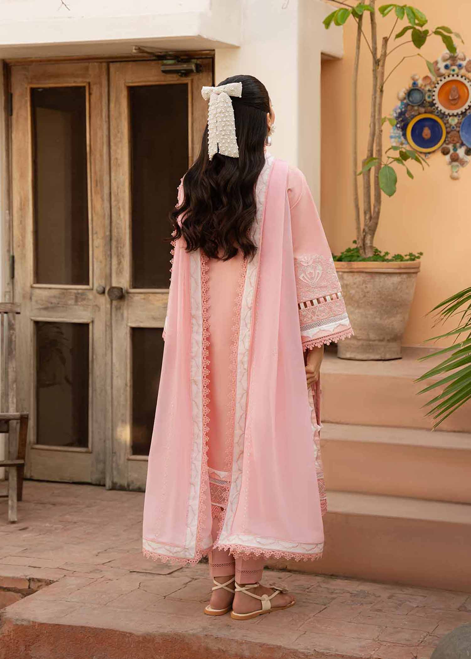 Pink Schiffli Embroidered Cotton Lawn Salwar Kameez (3-Piece) - Image 2