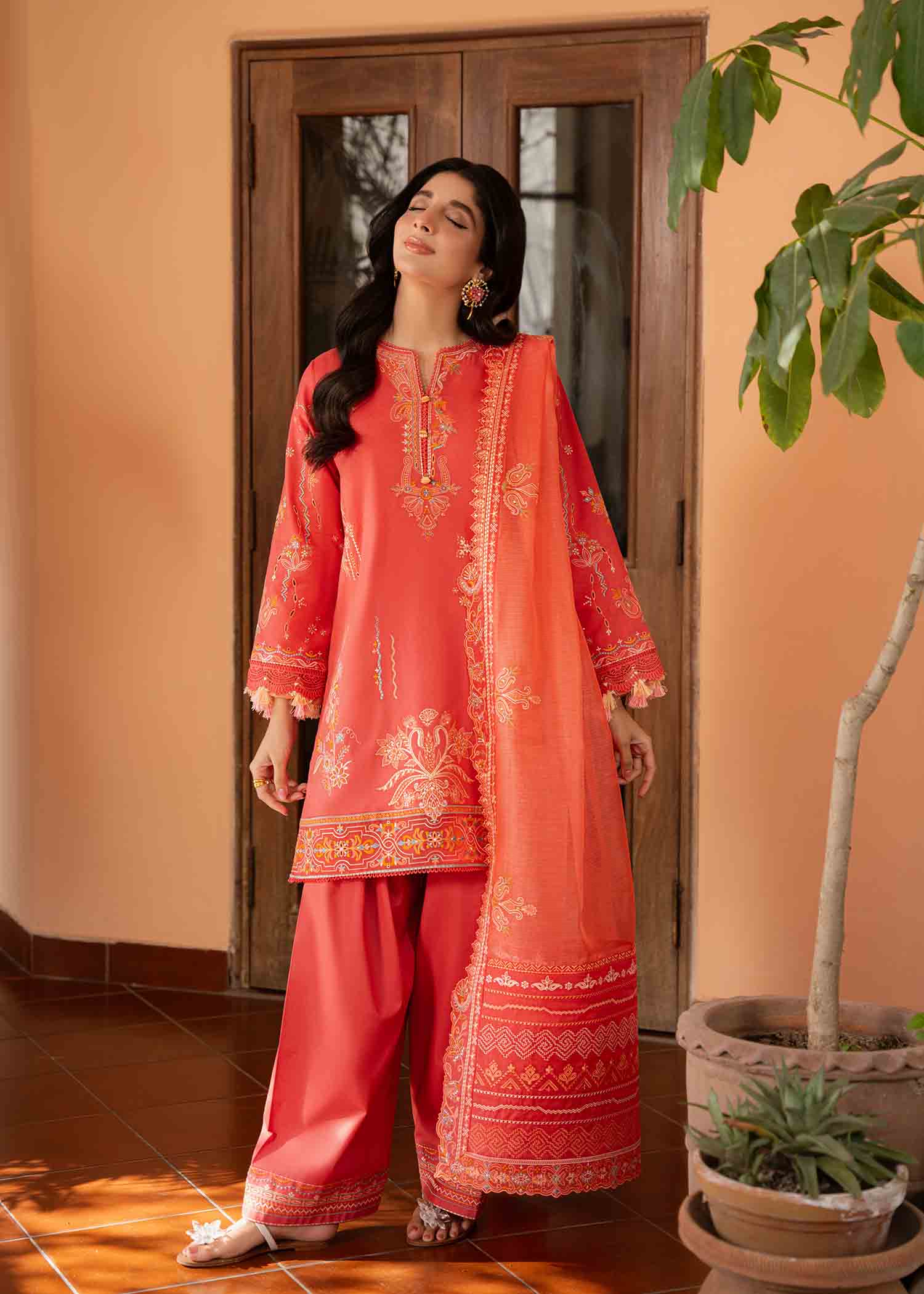 Pakistani Coral Pink Embroidered Cotton Lawn Salwar Kameez (3-Piece) - Image 1