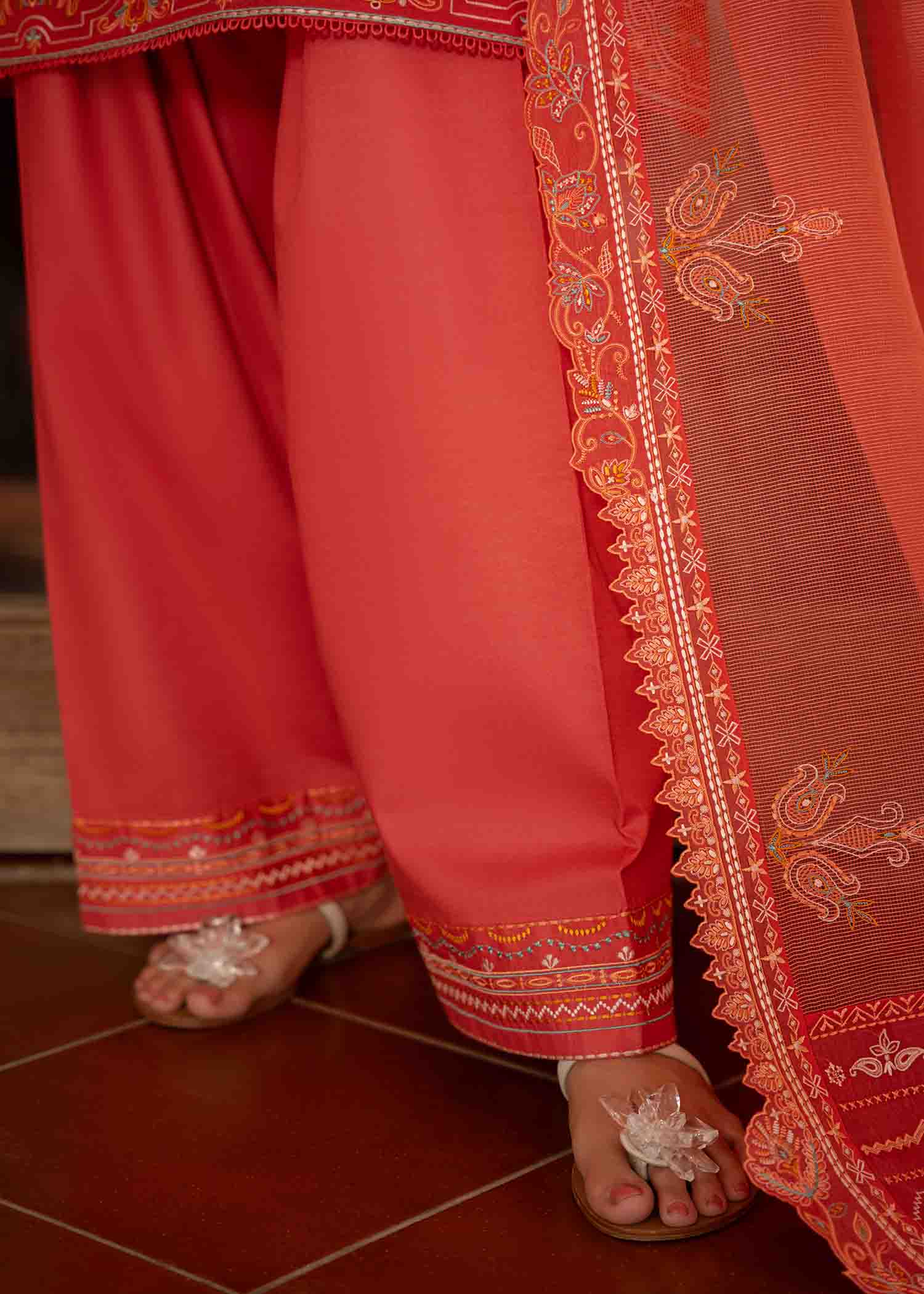 Pakistani Coral Pink Embroidered Cotton Lawn Salwar Kameez (3-Piece) - Image 2