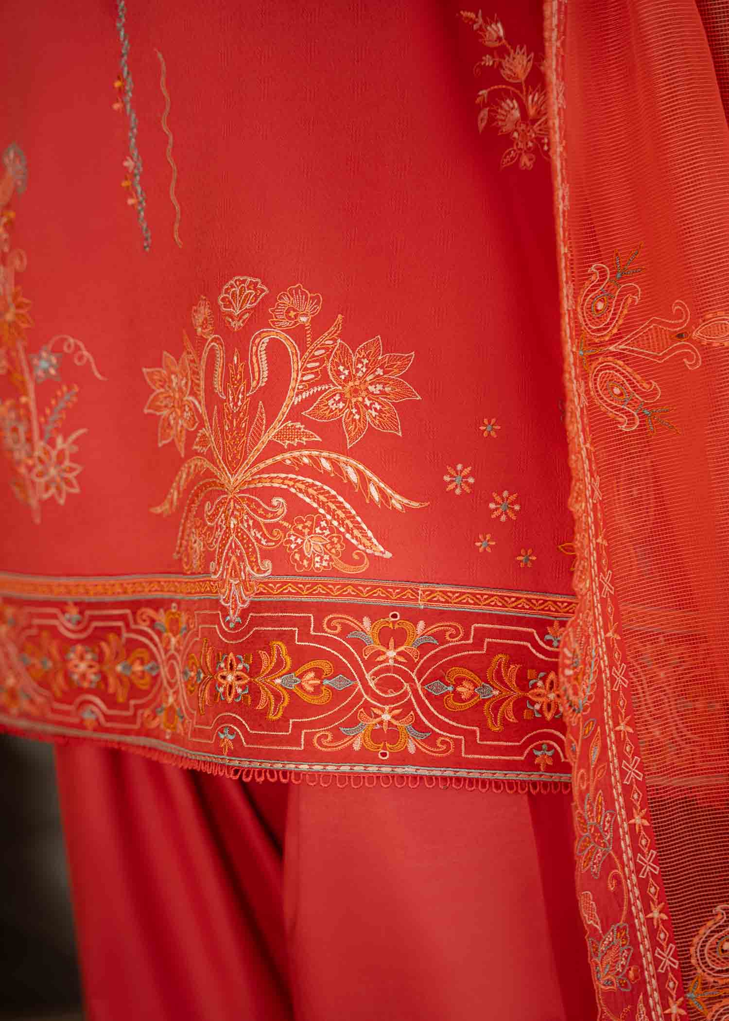 Pakistani Coral Pink Embroidered Cotton Lawn Salwar Kameez (3-Piece) - Image 3