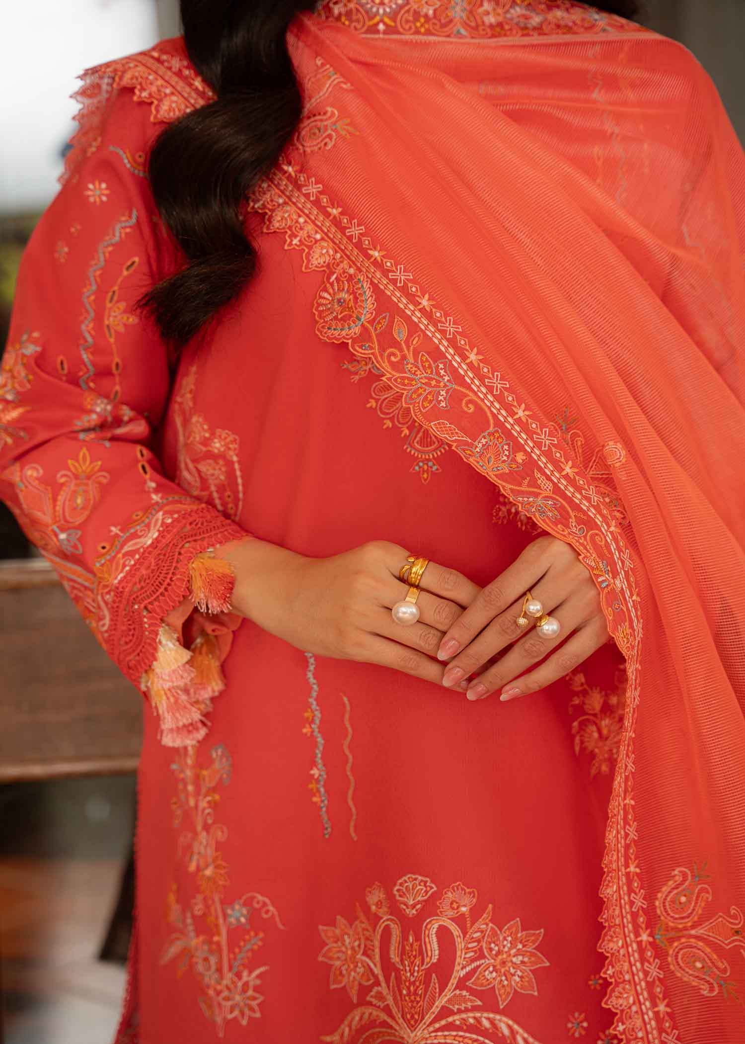 Pakistani Coral Pink Embroidered Cotton Lawn Salwar Kameez (3-Piece) - Image 4