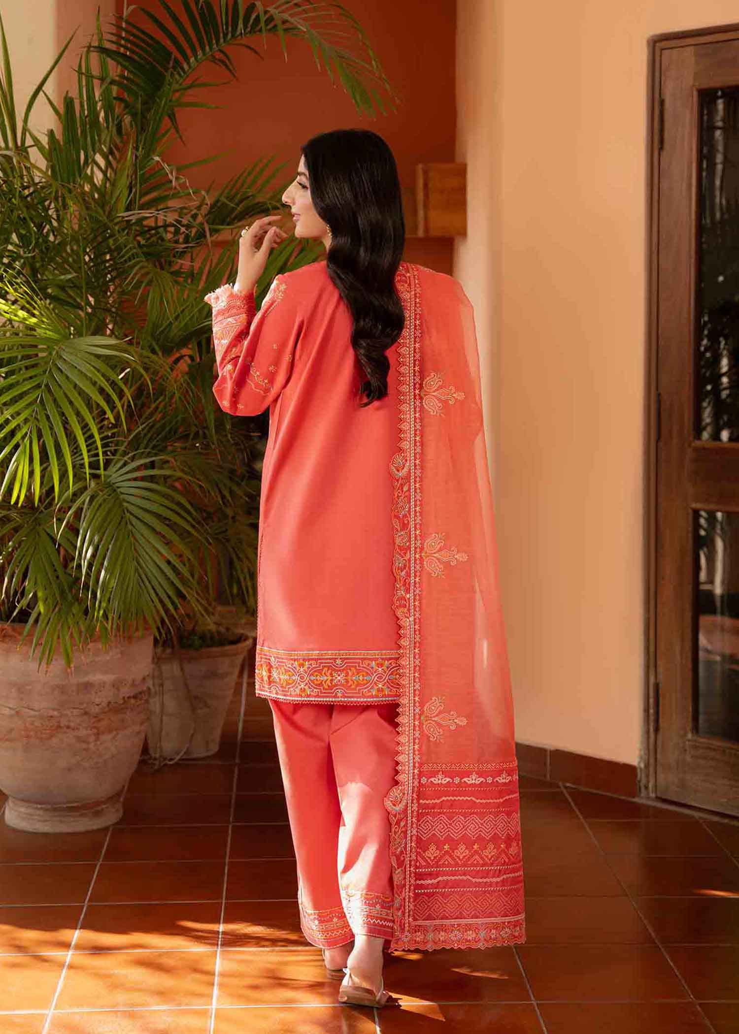 Pakistani Coral Pink Embroidered Cotton Lawn Salwar Kameez (3-Piece) - Image 5