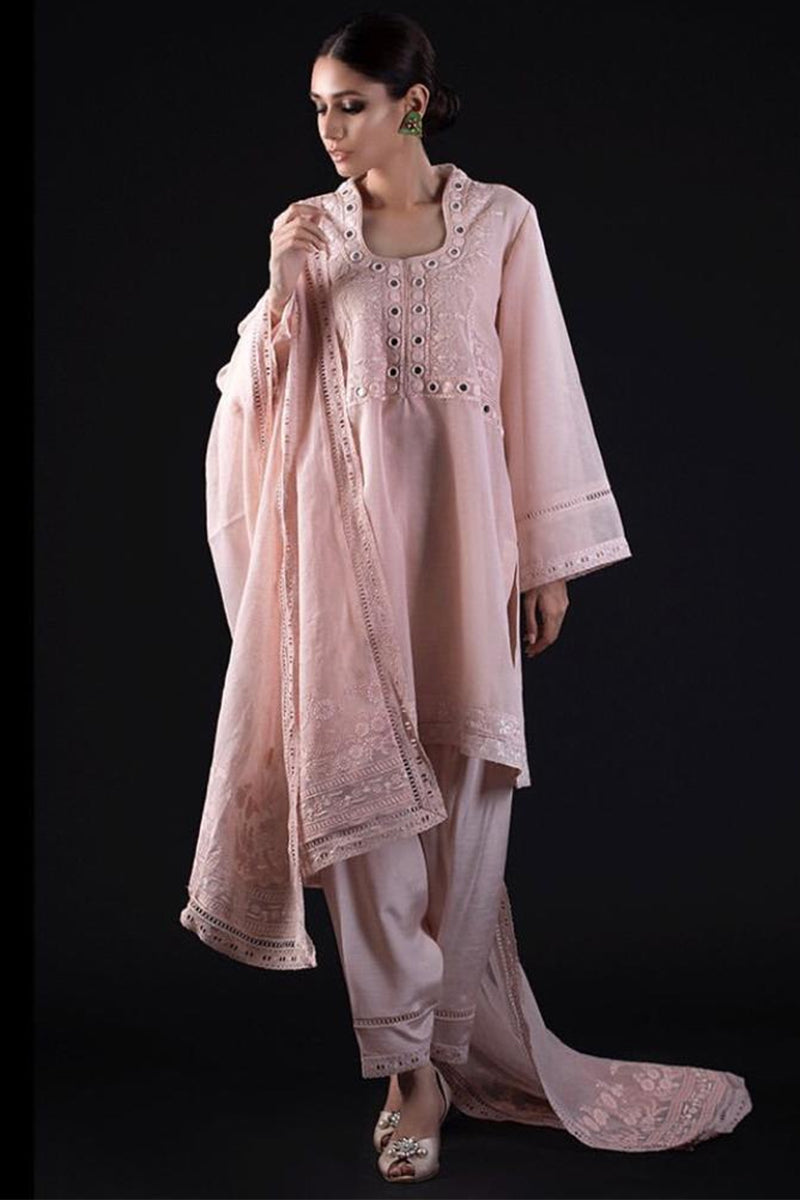 Blush Pink Mirror Work Cotton Salwar Kameez (3-Piece) - Image 1