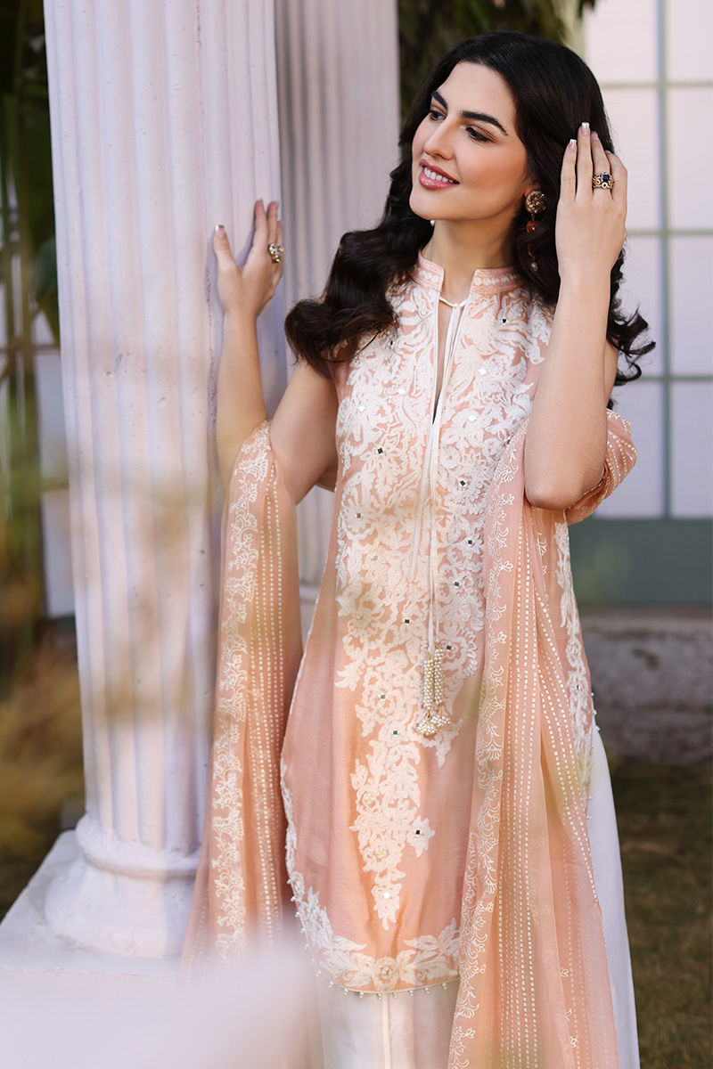 Peach Aari Embroidered Cotton Net Salwar Kameez (3-Piece) - Image 4
