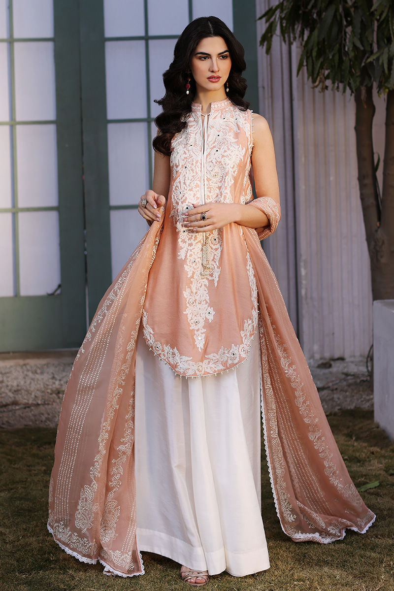 Peach Aari Embroidered Cotton Net Salwar Kameez (3-Piece) - Image 6