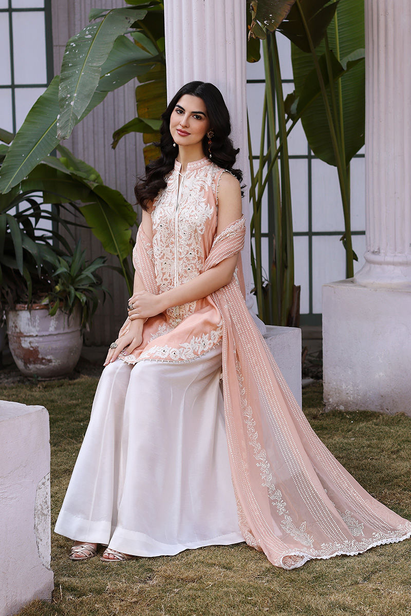 Peach Aari Embroidered Cotton Net Salwar Kameez (3-Piece) - Image 7