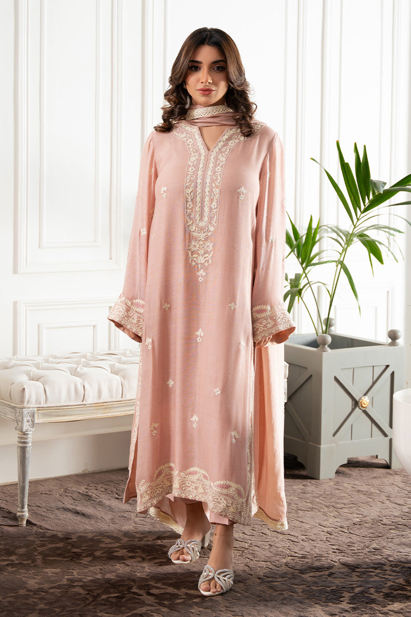 Pakistani Baby Pink Aari Embroidered Cotton Net Salwar Kameez (3-Piece) - Image 1