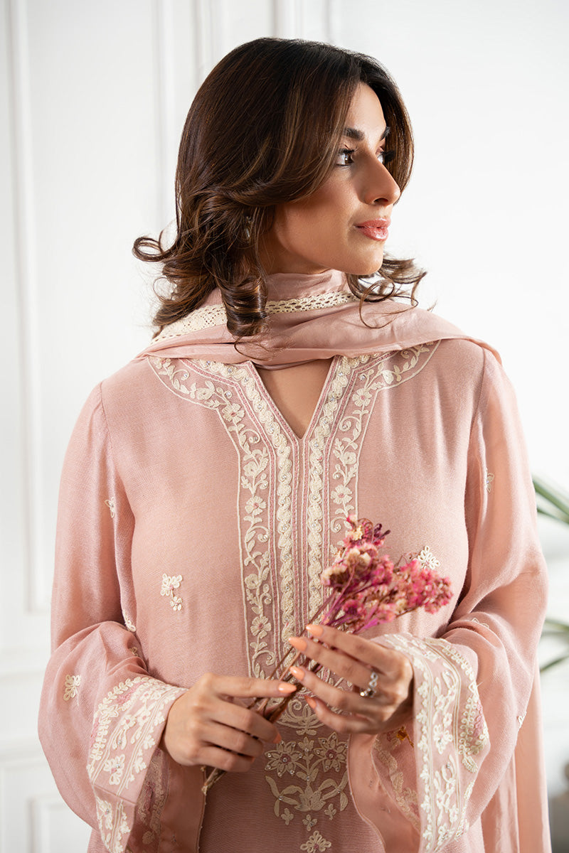 Pakistani Baby Pink Aari Embroidered Cotton Net Salwar Kameez (3-Piece) - Image 3