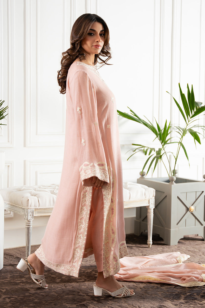 Pakistani Baby Pink Aari Embroidered Cotton Net Salwar Kameez (3-Piece) - Image 4