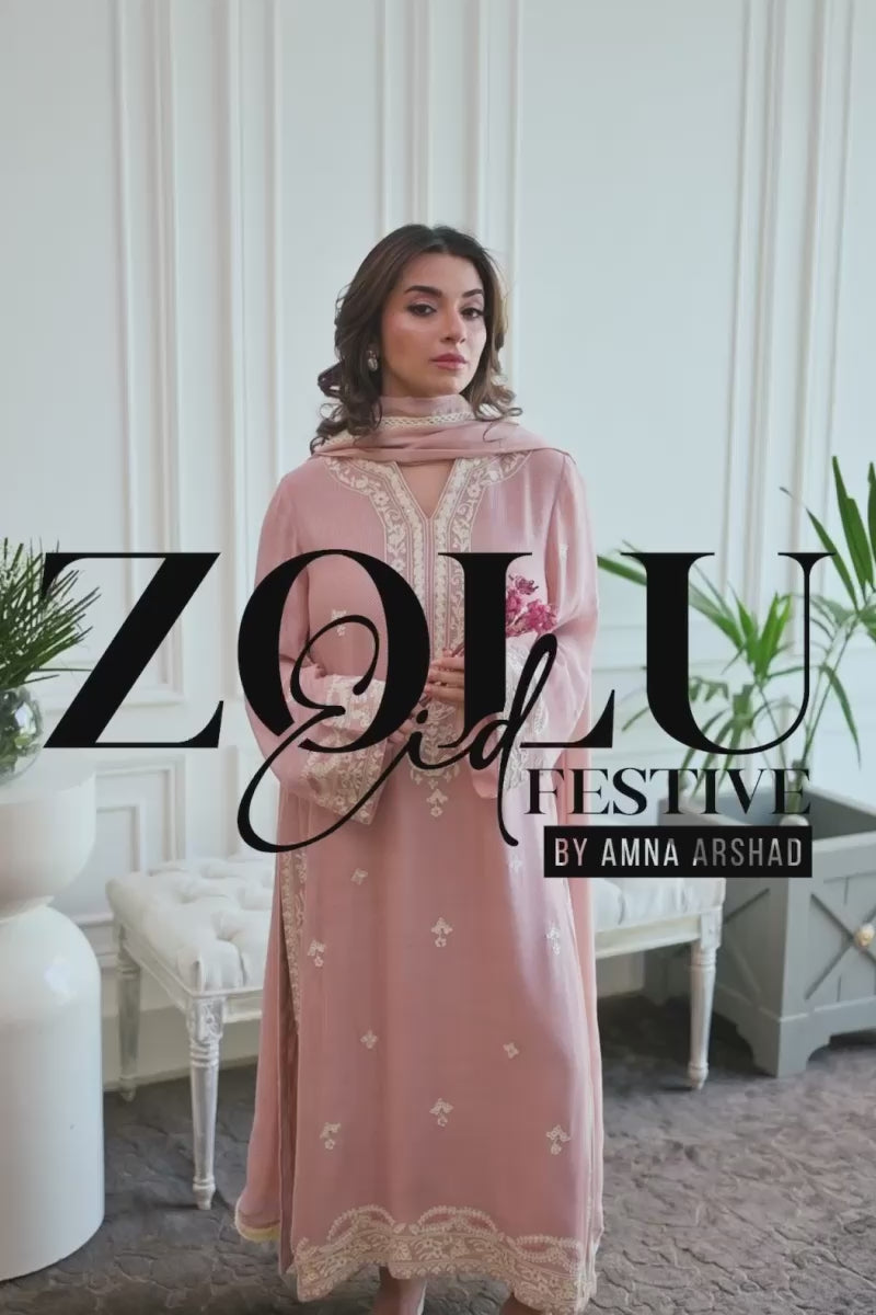 Pakistani Baby Pink Aari Embroidered Cotton Net Salwar Kameez (3-Piece) - Image 5