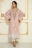 Pakistani Pastel Pink Dabka Embroidered Cotton Net Salwar Kameez (3-Piece) - Image 2