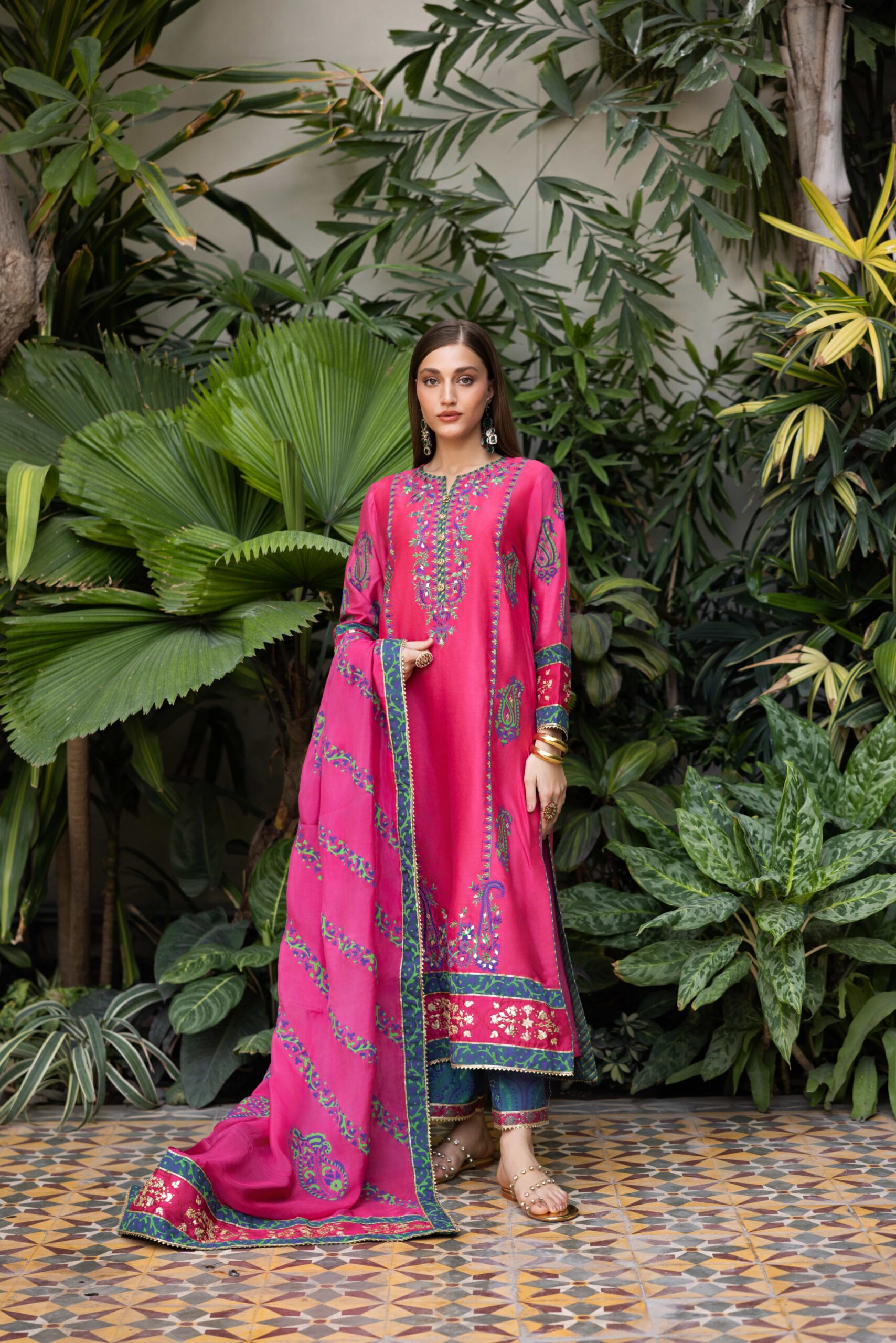 Pakistani Fuchsia Embroidered Cotton Net Kurta Set (3-Piece) - Image 2