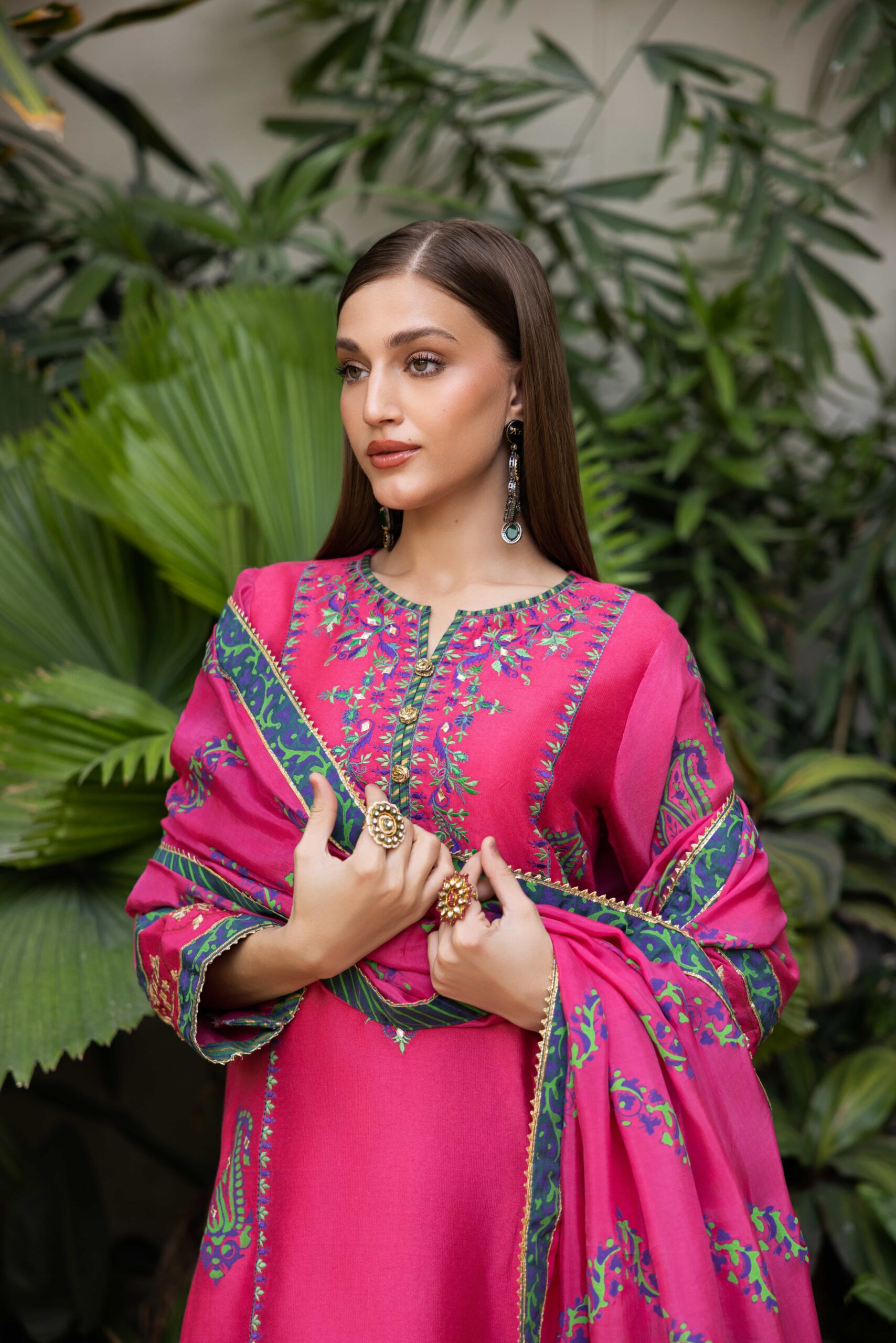 Pakistani Fuchsia Embroidered Cotton Net Kurta Set (3-Piece) - Image 4