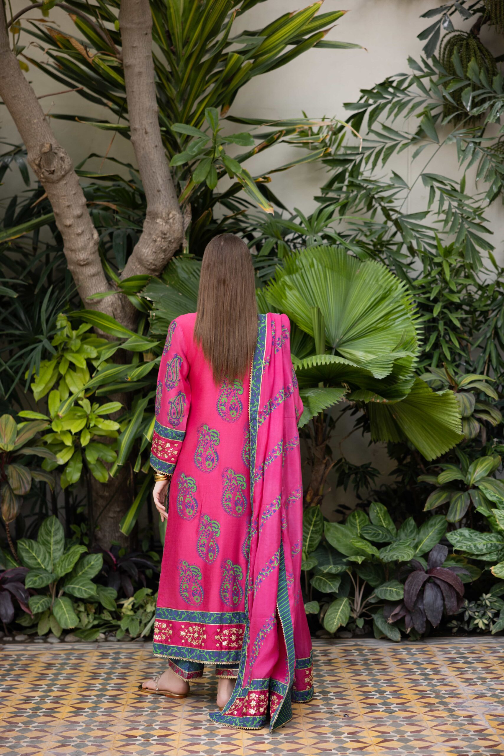 Pakistani Fuchsia Embroidered Cotton Net Kurta Set (3-Piece) - Image 5