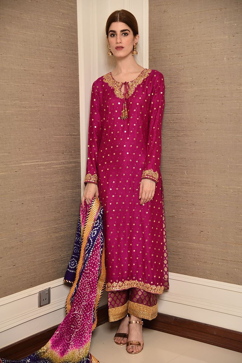 Fuchsia Embroidered Cotton Net Salwar Kameez (3-Piece) - Image 1