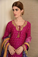 Fuchsia Embroidered Cotton Net Salwar Kameez (3-Piece) - Image 5