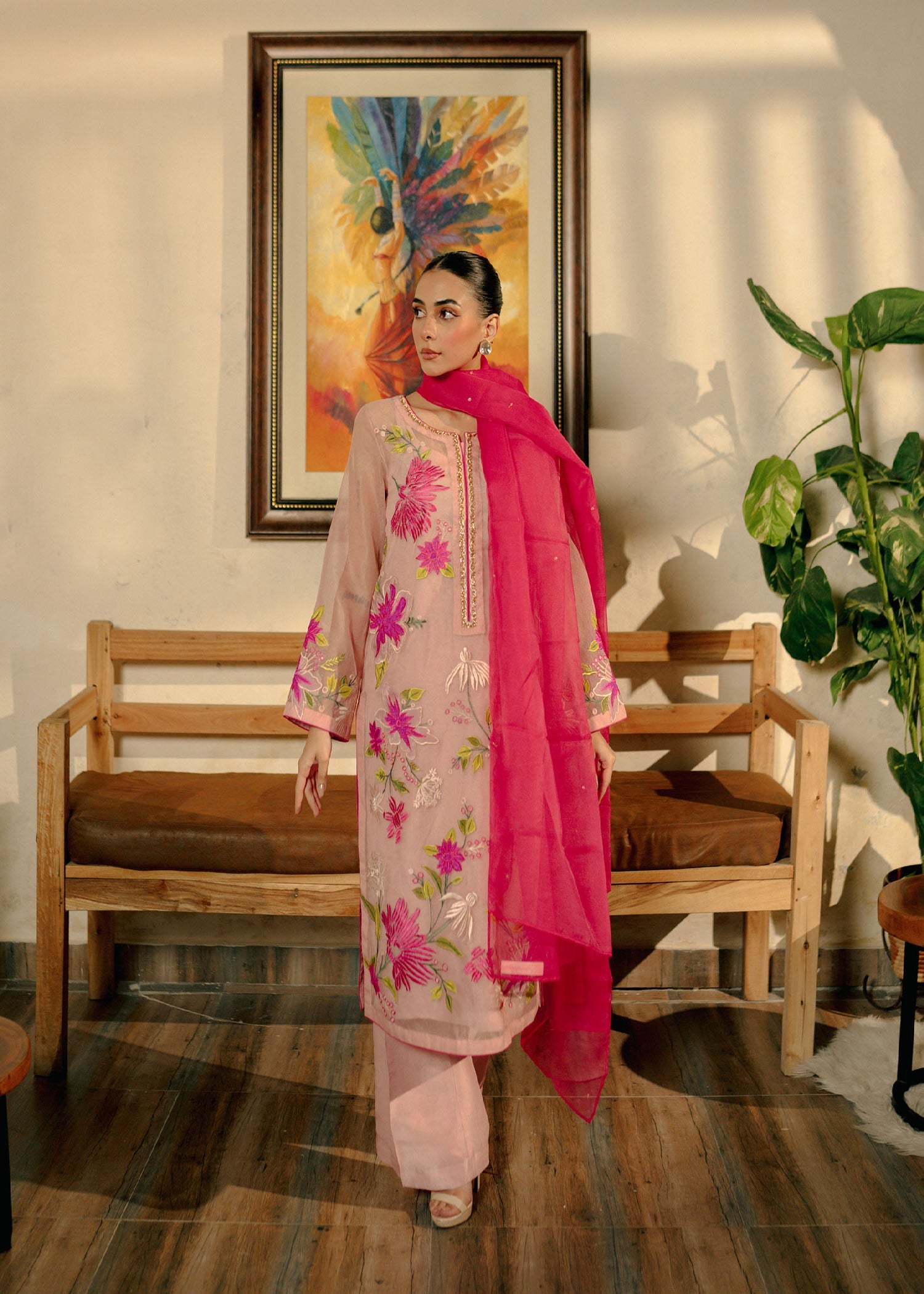 Pastel Pink Hand-Embroidered Cotton Net Kurta Set (4-Piece) - Image 1