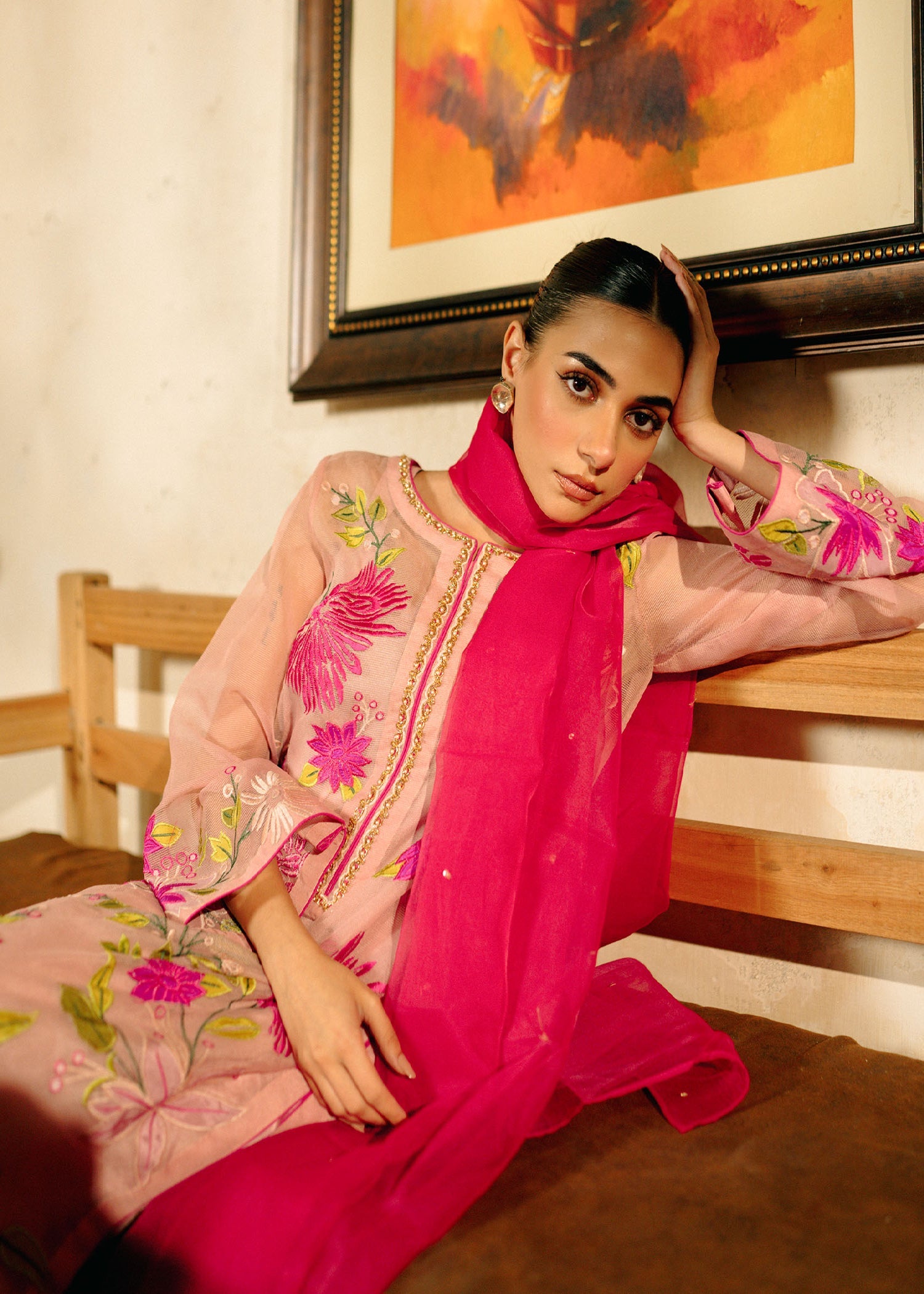 Pastel Pink Hand-Embroidered Cotton Net Kurta Set (4-Piece) - Image 2
