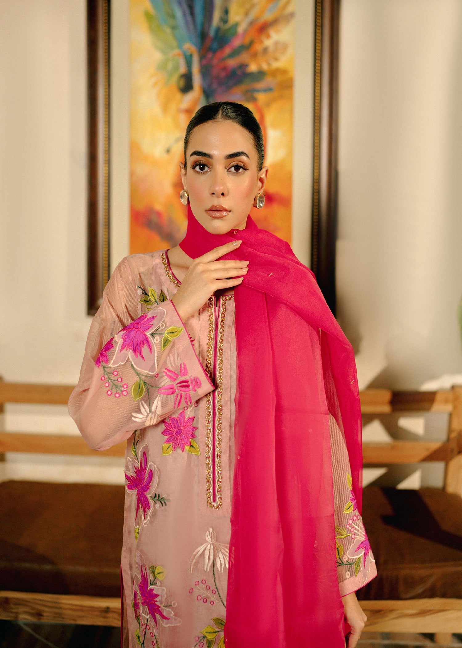 Pastel Pink Hand-Embroidered Cotton Net Kurta Set (4-Piece) - Image 3