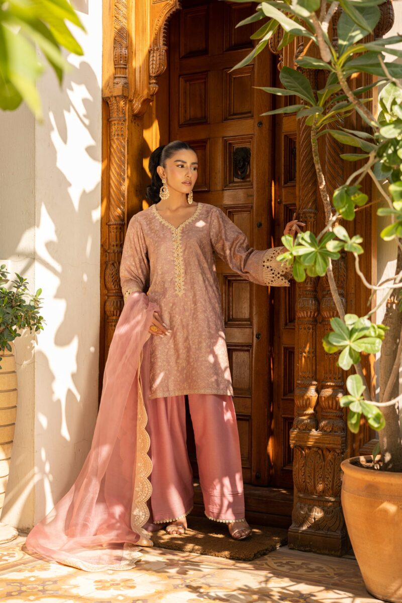Tea Pink Embroidered Cotton Net Kurta Set (3-Piece) - Image 1