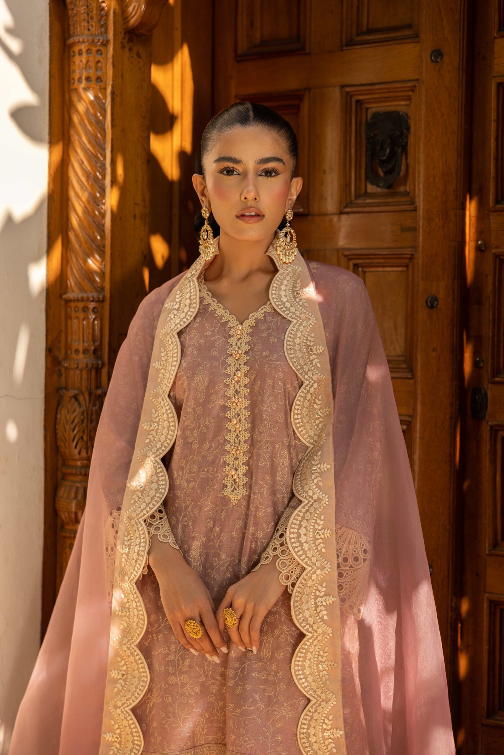 Tea Pink Embroidered Cotton Net Kurta Set (3-Piece) - Image 3