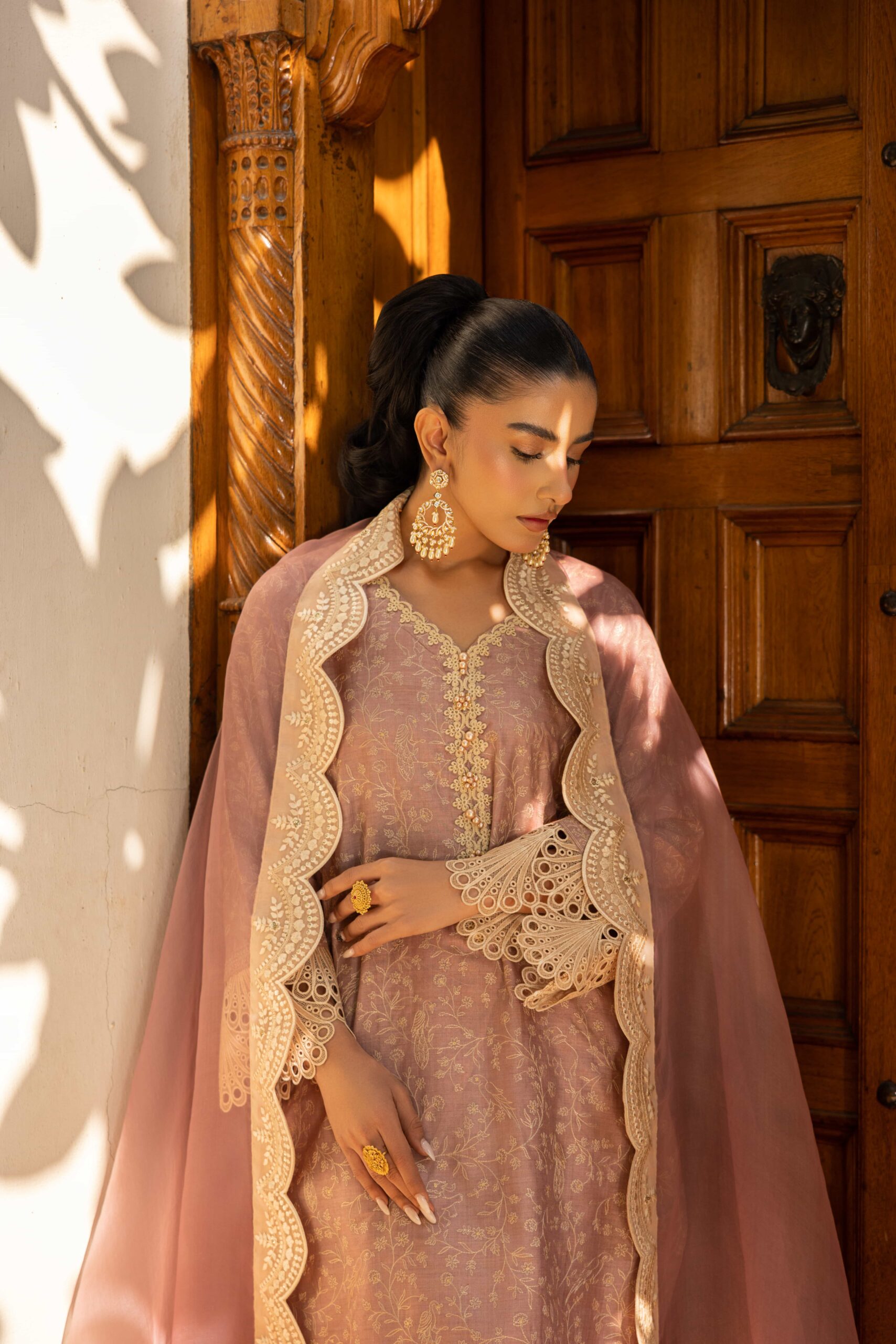 Tea Pink Embroidered Cotton Net Kurta Set (3-Piece) - Image 4