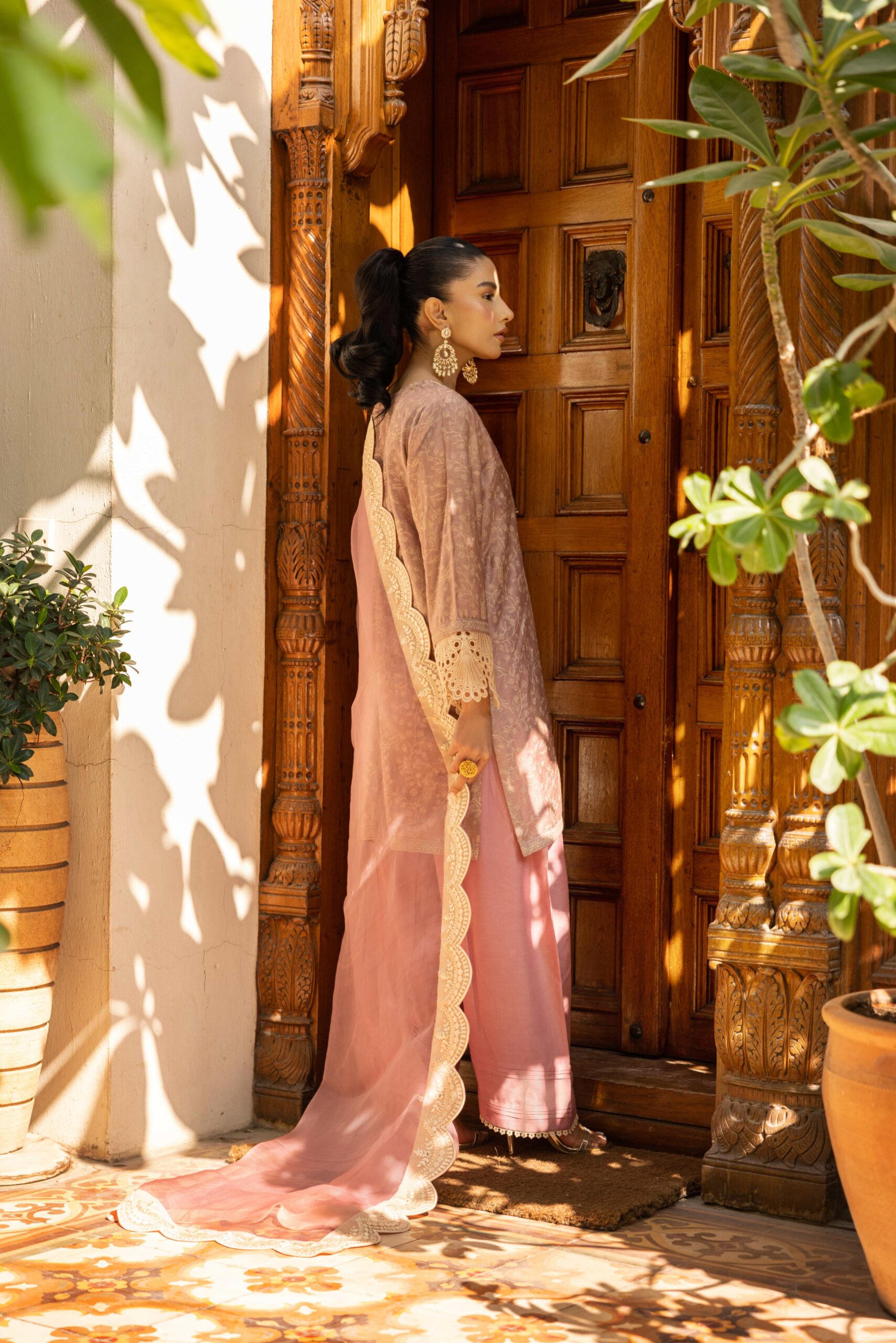 Tea Pink Embroidered Cotton Net Kurta Set (3-Piece) - Image 5