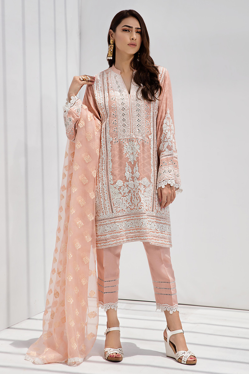 Pakistani Peach Hand-Embroidered Cotton Net Salwar Kameez (3-Piece) - Image 1