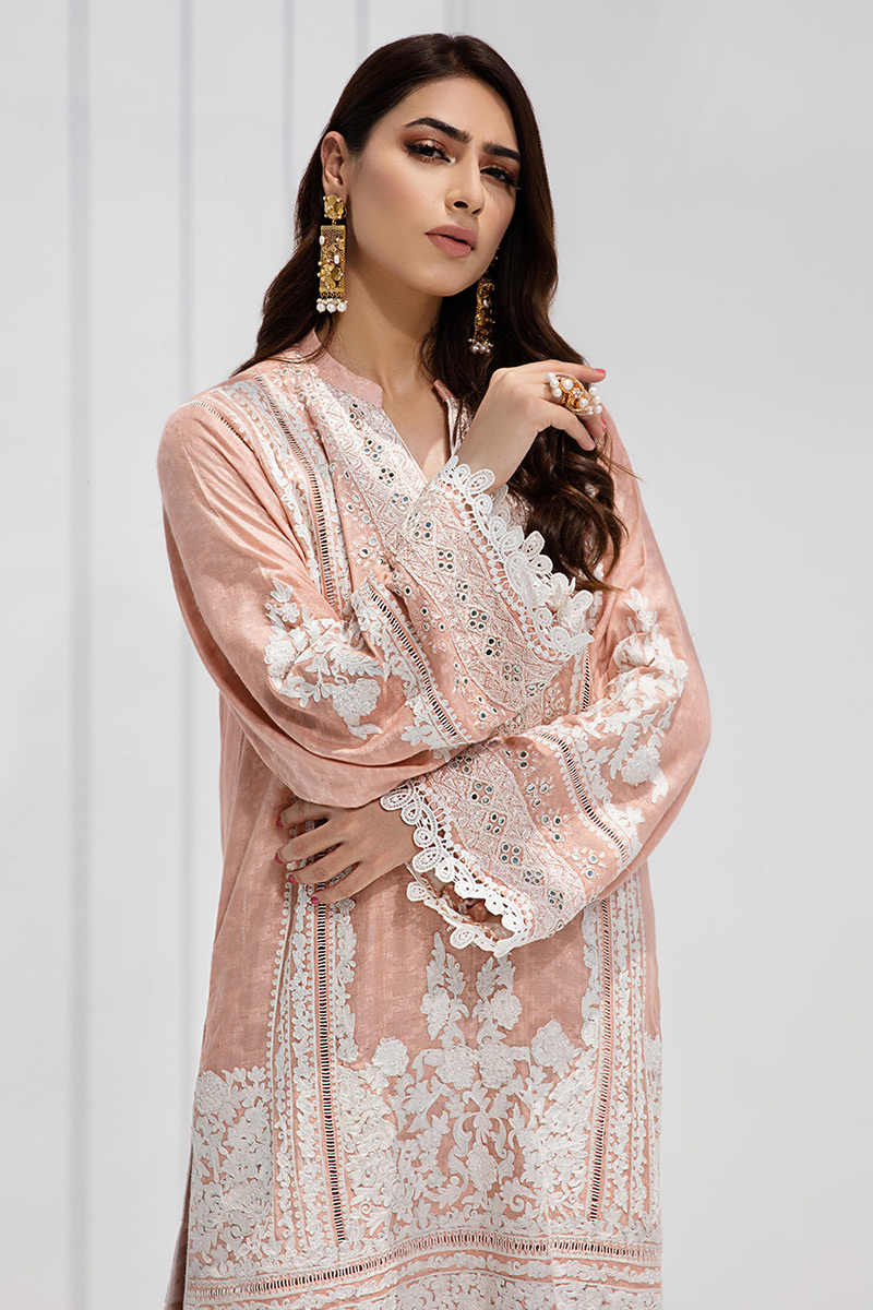 Pakistani Peach Hand-Embroidered Cotton Net Salwar Kameez (3-Piece) - Image 2