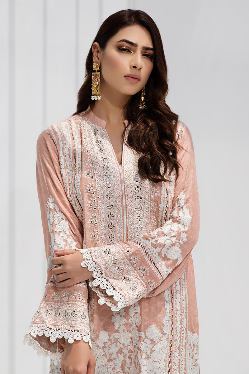 Pakistani Peach Hand-Embroidered Cotton Net Salwar Kameez (3-Piece) - Image 3