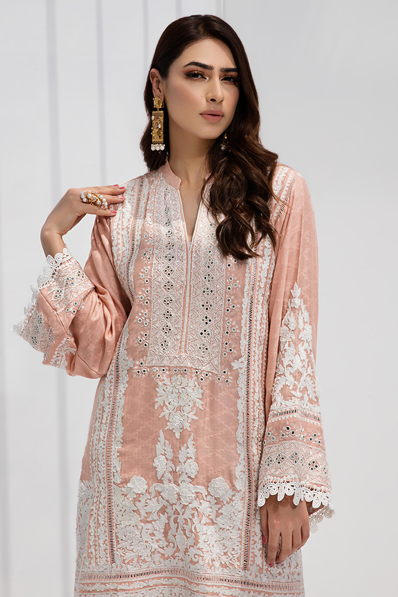 Pakistani Peach Hand-Embroidered Cotton Net Salwar Kameez (3-Piece) - Image 4