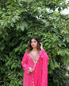Pink Embroidered Cotton Net Salwar Kameez (3-Piece) - Image 3