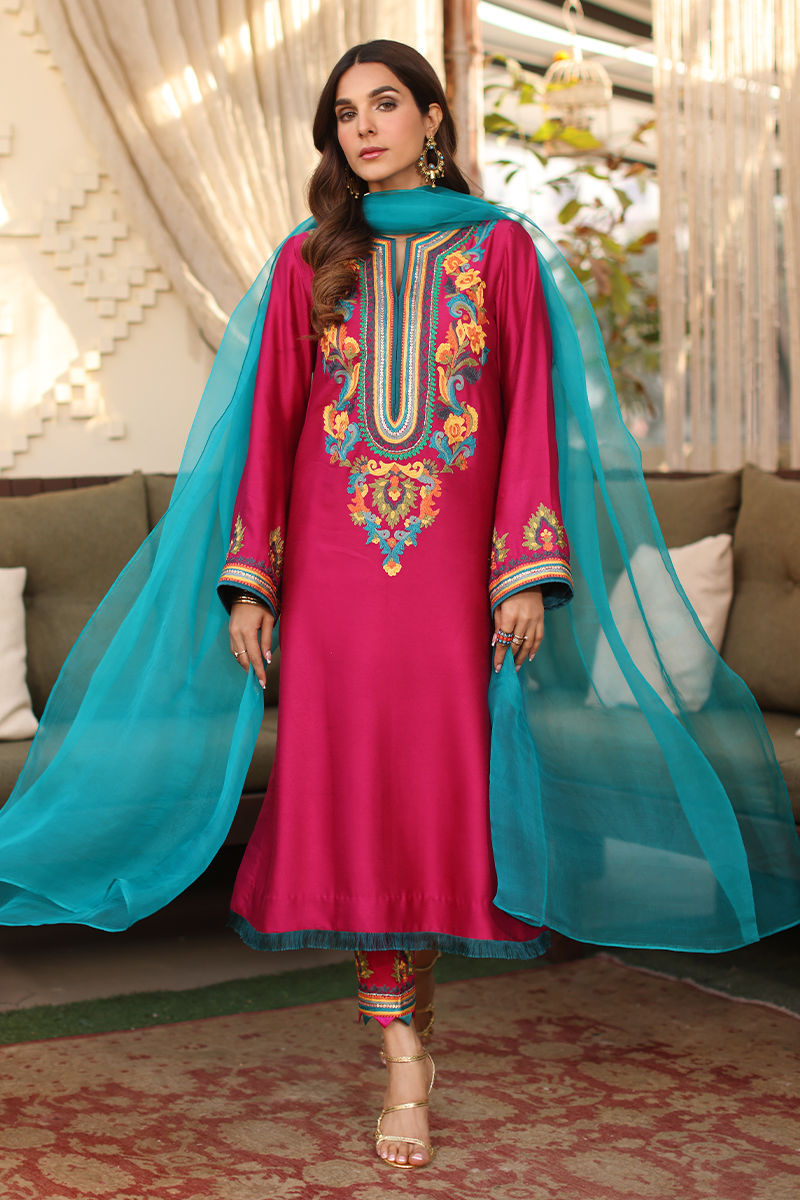 Pakistani Fuchsia Pink Embroidered Cotton Net Salwar Kameez (3-Piece) - Image 1