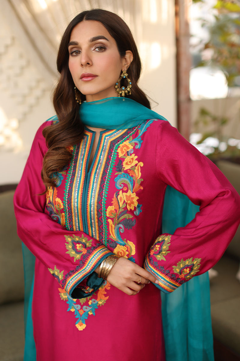 Pakistani Fuchsia Pink Embroidered Cotton Net Salwar Kameez (3-Piece) - Image 2