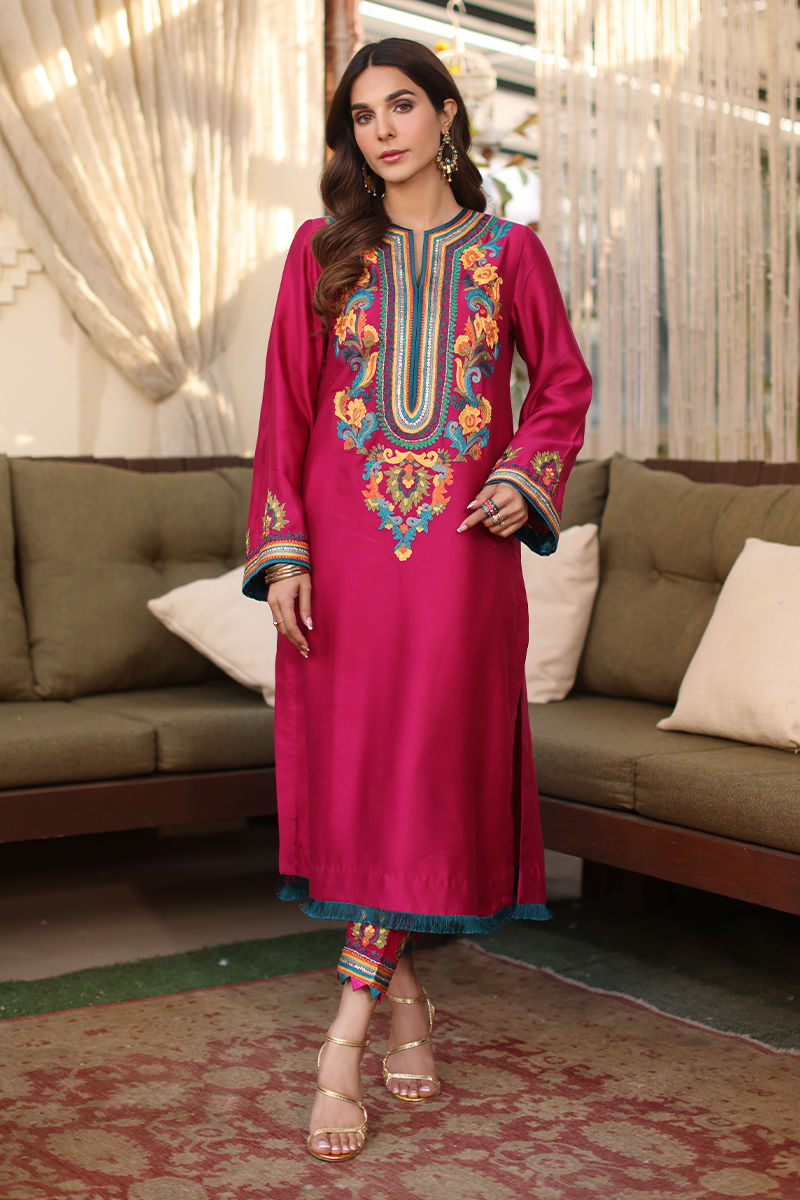 Pakistani Fuchsia Pink Embroidered Cotton Net Salwar Kameez (3-Piece) - Image 4