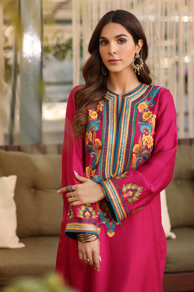 Pakistani Fuchsia Pink Embroidered Cotton Net Salwar Kameez (3-Piece) - Image 5
