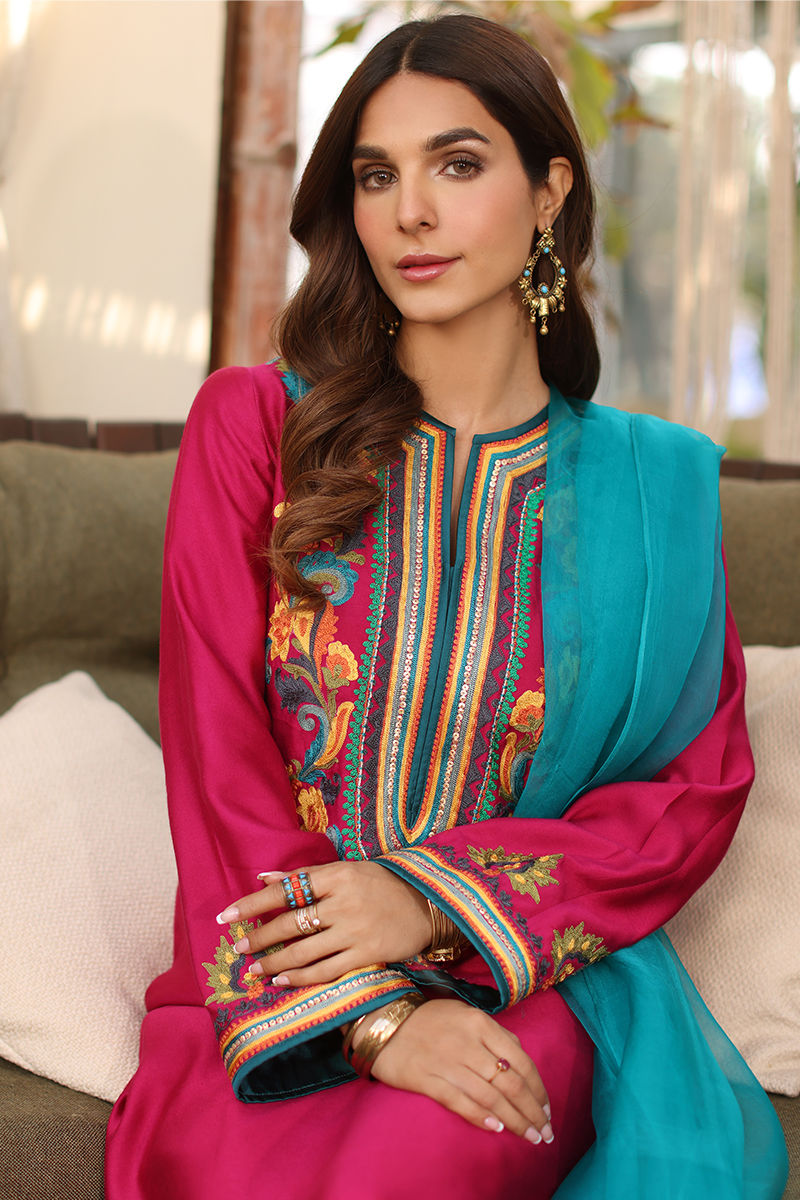 Pakistani Fuchsia Pink Embroidered Cotton Net Salwar Kameez (3-Piece) - Image 6