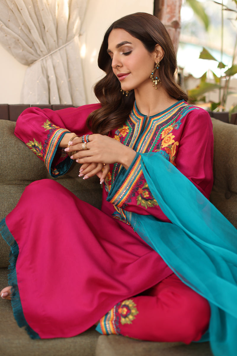 Pakistani Fuchsia Pink Embroidered Cotton Net Salwar Kameez (3-Piece) - Image 7