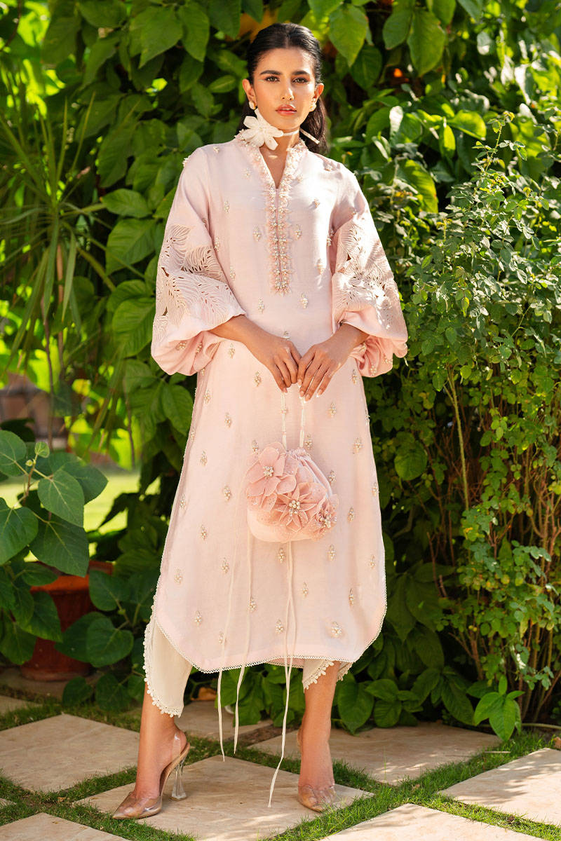 Pakistani Powder Pink Embellished Cotton Net Salwar Kameez (2-Piece) - Image 1