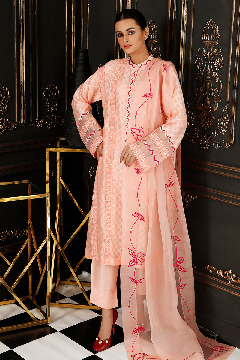 Pastel Pink Embroidered Self-Cotton Net Salwar Kameez (3-Piece) - Image 1