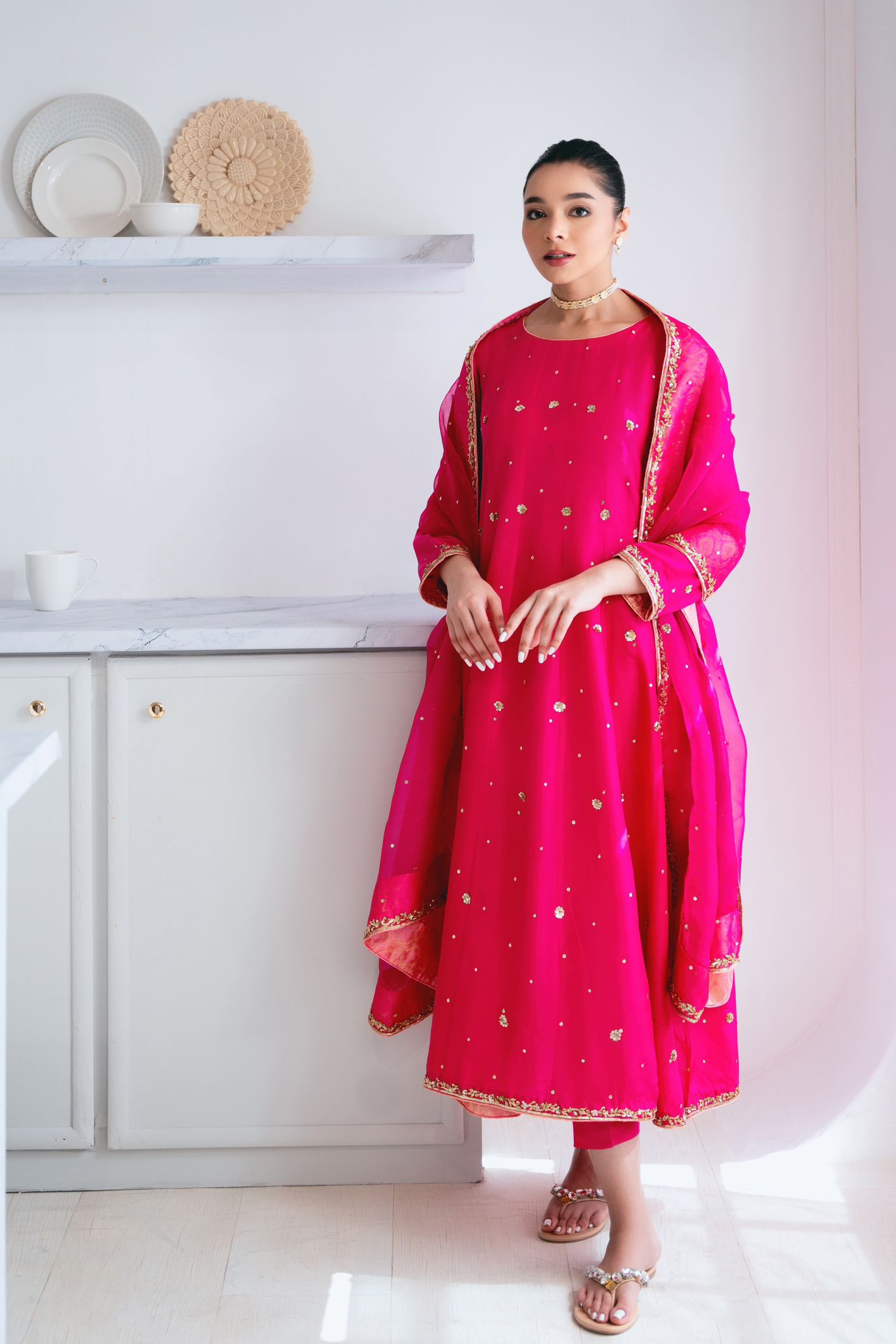 Pakistani Fuchsia Embroidered Cotton Net Salwar Kameez (3-Piece) - Image 1