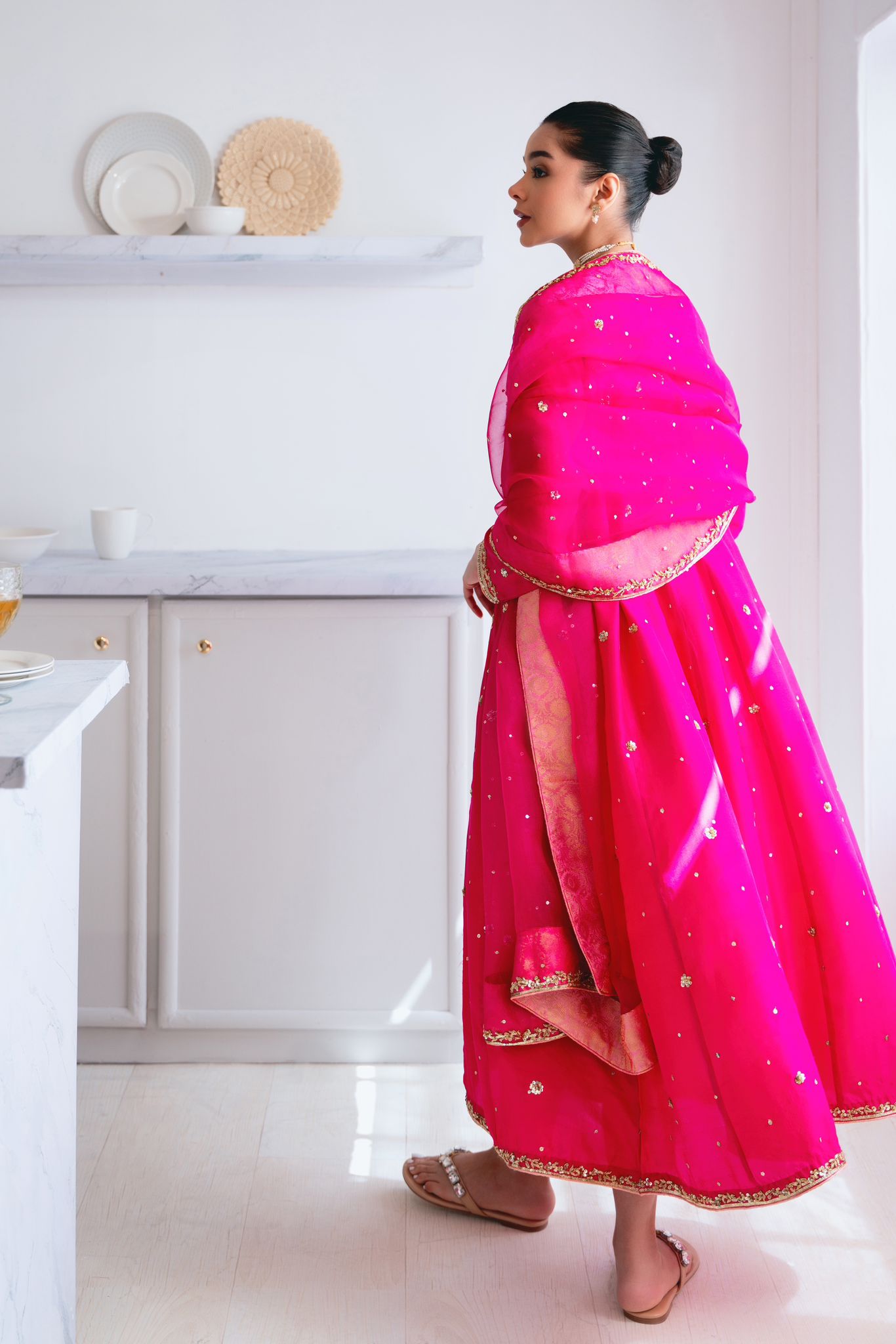 Pakistani Fuchsia Embroidered Cotton Net Salwar Kameez (3-Piece) - Image 2