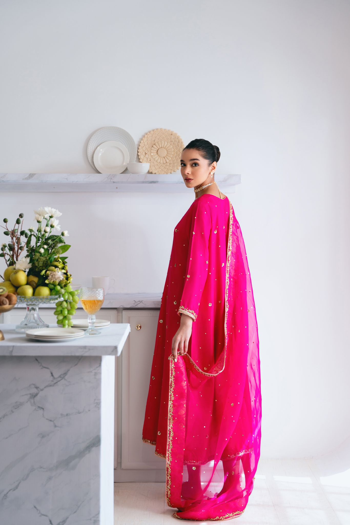 Pakistani Fuchsia Embroidered Cotton Net Salwar Kameez (3-Piece) - Image 3