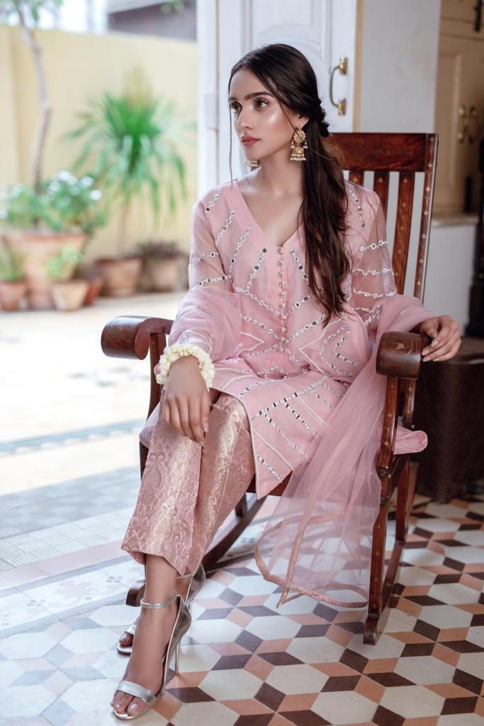 Pakistani Tea Pink Sheesha Zardozi Cotton Net Salwar Kameez (3-Piece) - Image 1