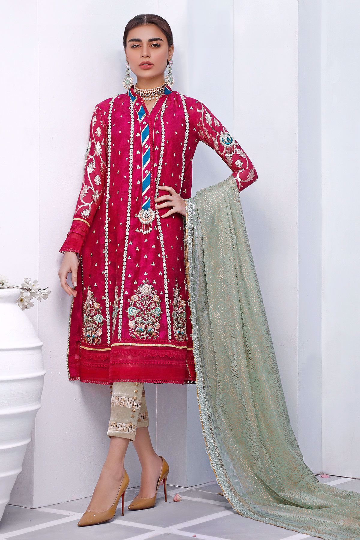 Deep Pink Embroidered Cotton Net Salwar Kameez (3-Piece) - Image 1