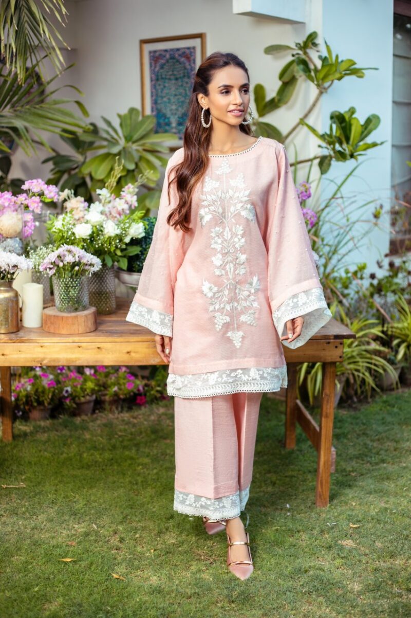 Pakistani Pink Embroidered Cotton Net Salwar Kameez (2-Piece) - Image 1