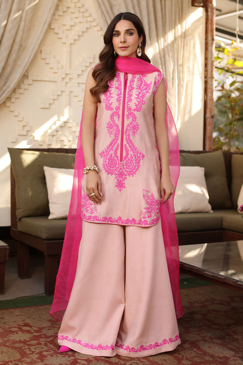Peach Embroidered Cotton Net Salwar Kameez (3-Piece) - Image 1