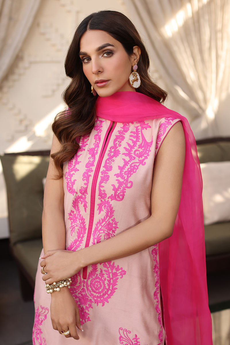 Peach Embroidered Cotton Net Salwar Kameez (3-Piece) - Image 2