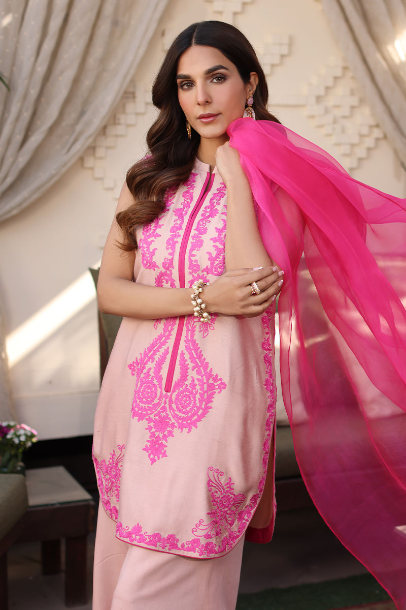 Peach Embroidered Cotton Net Salwar Kameez (3-Piece) - Image 4