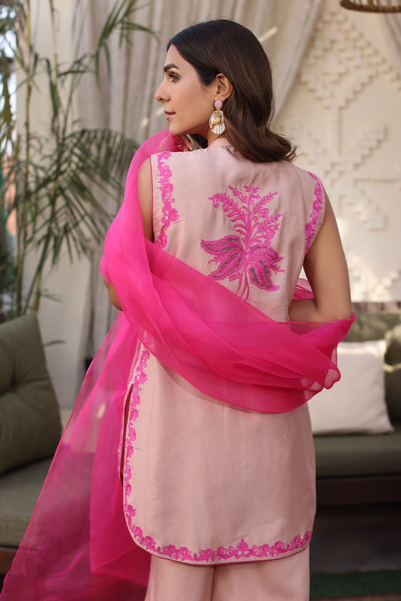 Peach Embroidered Cotton Net Salwar Kameez (3-Piece) - Image 6